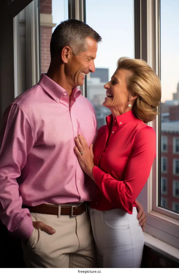 A Couple Embracing and Laughing by the Window
