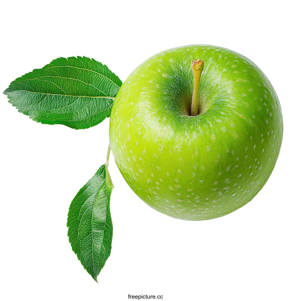 [Transparent Background PNG]Green Apple with Leaves on a White Background