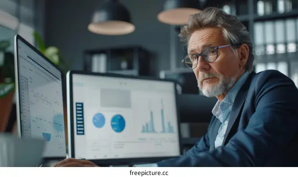 Senior Businessman Working on Computer Analyzing Company Data in Modern Office