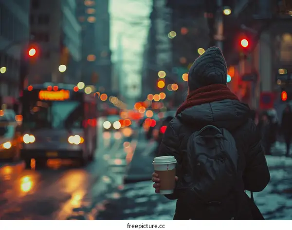 A woman is walking on a busy street with a coffee cup in her hand