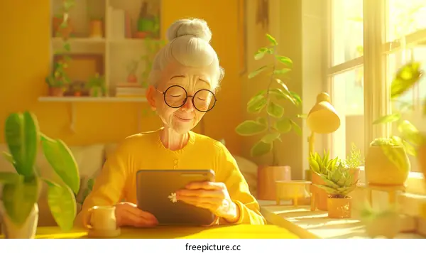 An elderly woman is sitting at a table and using a tablet.