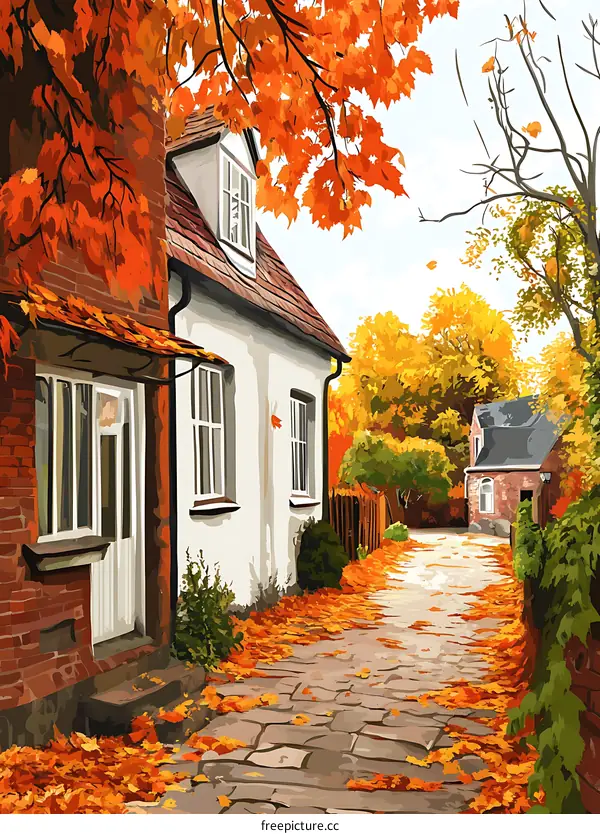 Autumn Street Scene with Red and Yellow Leaves