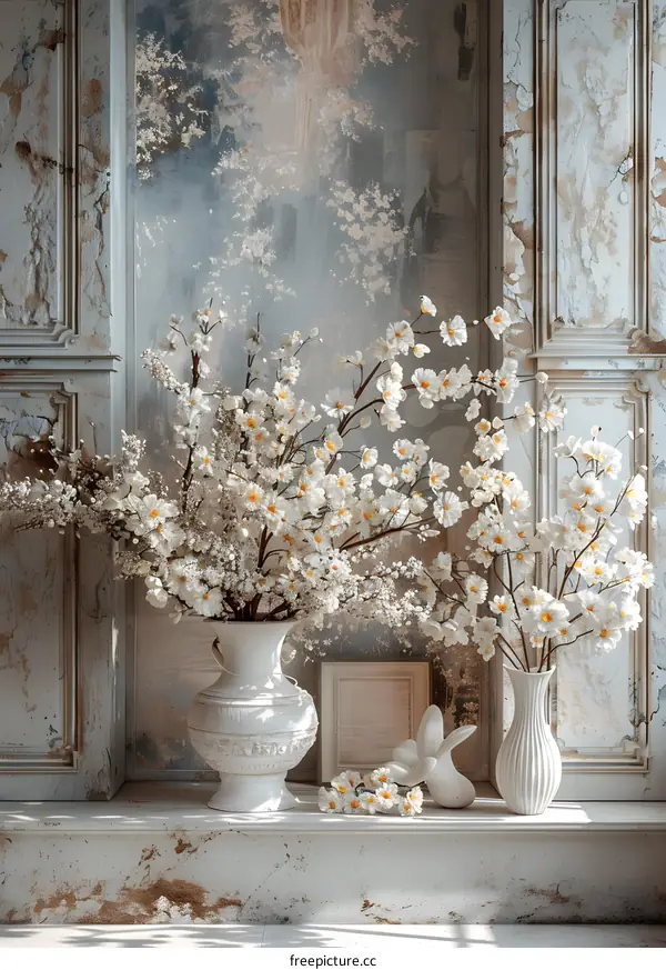 White flowers and vases