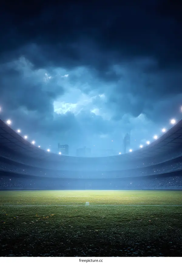 Empty Night Football Stadium Under a Cloudy Sky