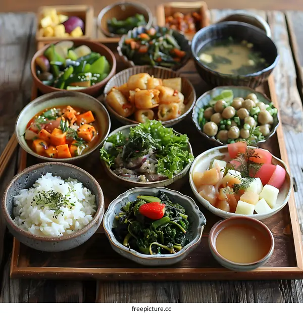 A wooden tray of various Japanese dishes