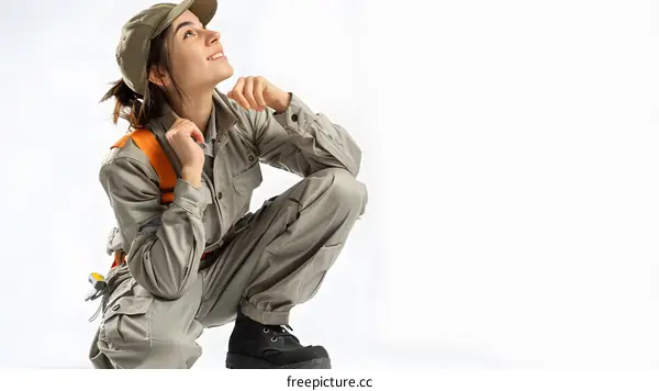 portrait of a young woman in workwear crouching and looking up
