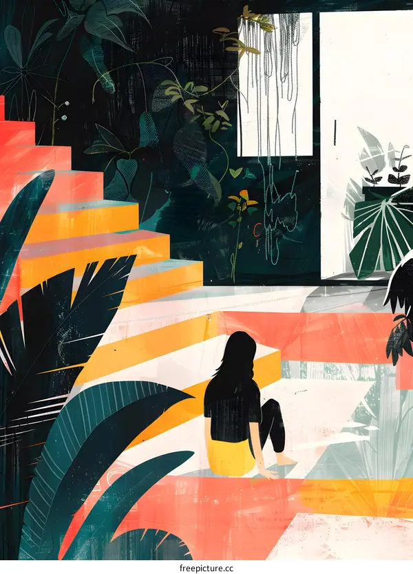 Woman Sitting On Stairs In A Tropical Forest