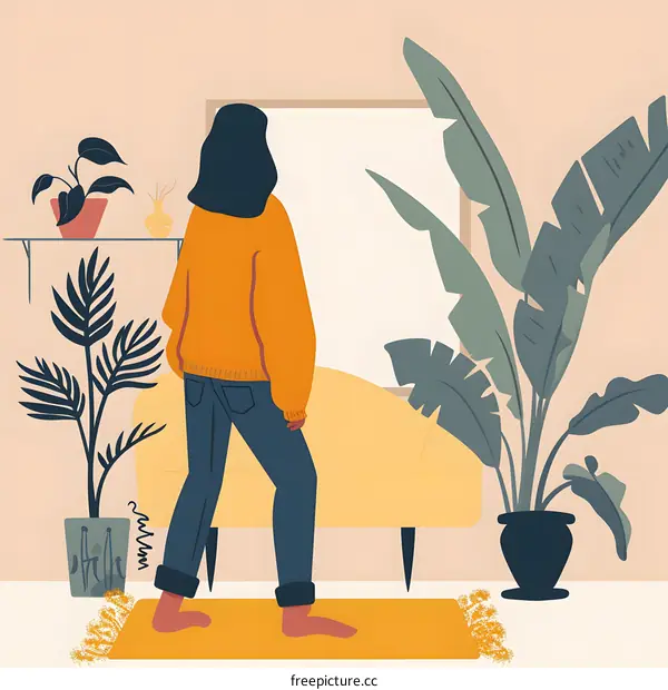 Woman in Yellow Sweater and Blue Jeans Walking in Home