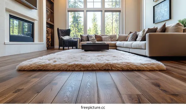 Cozy Living Room with Plush Rug and Hardwood Floors
