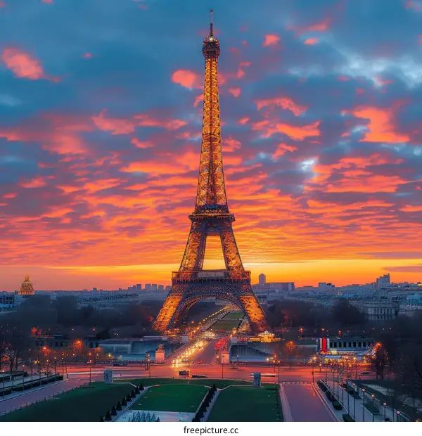 Eiffel Tower at sunset with orange sky
