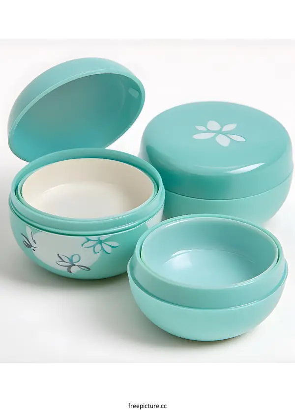 Set of Three Stackable Turquoise Plastic Storage Containers With Floral Pattern