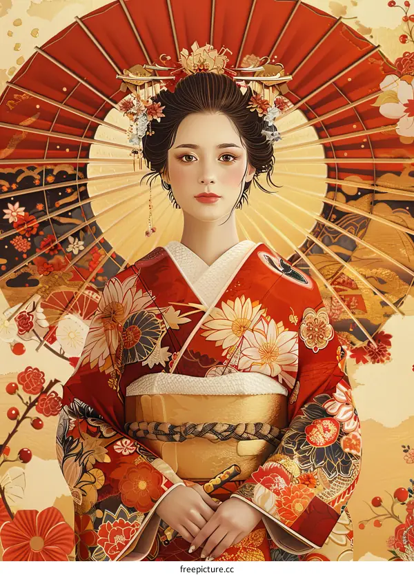 An Asian woman in a red kimono with a fan behind her