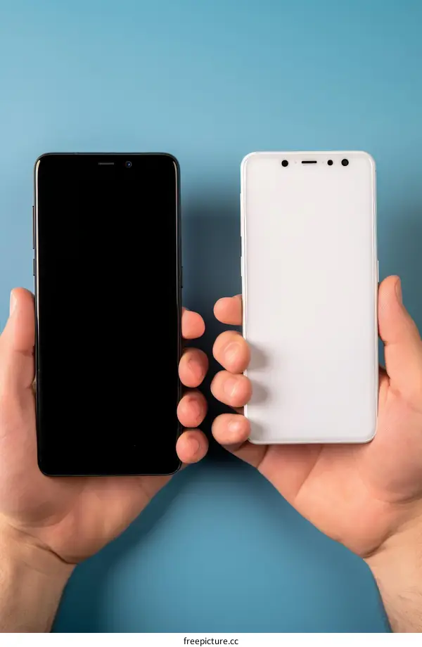 Two hands holding a black and a white smartphone with blank screens