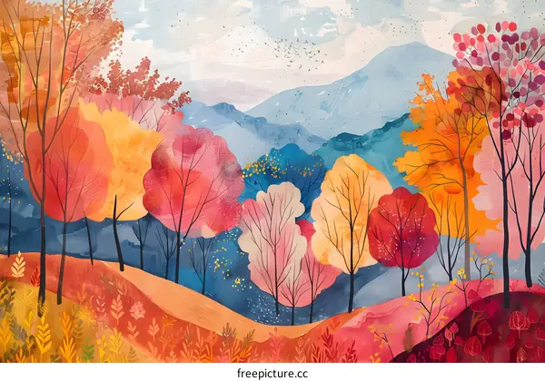 Autumn Watercolor Painting of a Mountain Landscape