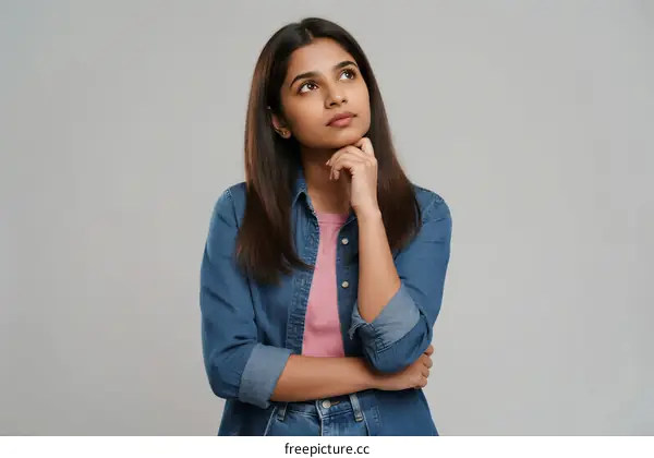 Thoughtful Young Indian Woman with Hand on Chin Looking Up