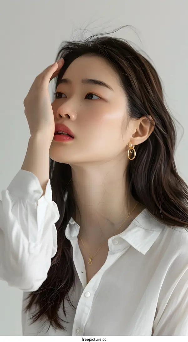Beautiful Asian Woman in White Shirt Touching Her Face with Her Hand