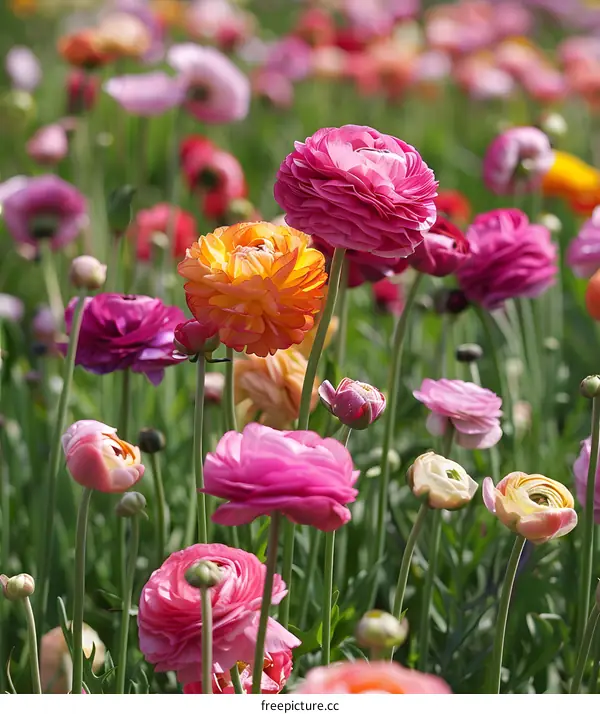 Colorful Ranunculus Flowers Blooming in a Field