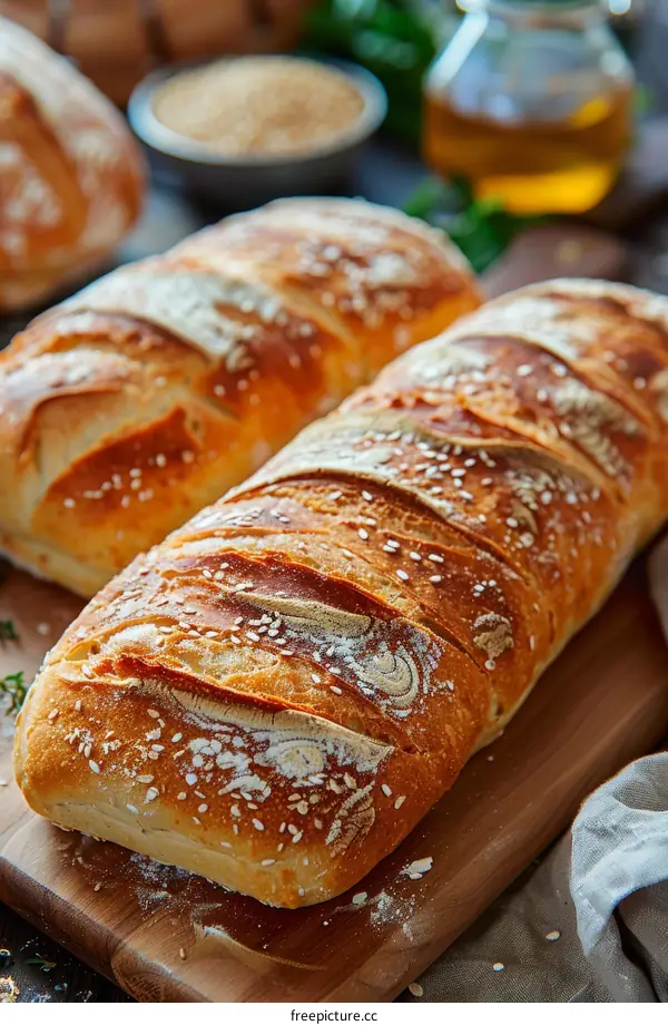 Loaf of bread sprinkled with sesame seeds on a wooden board