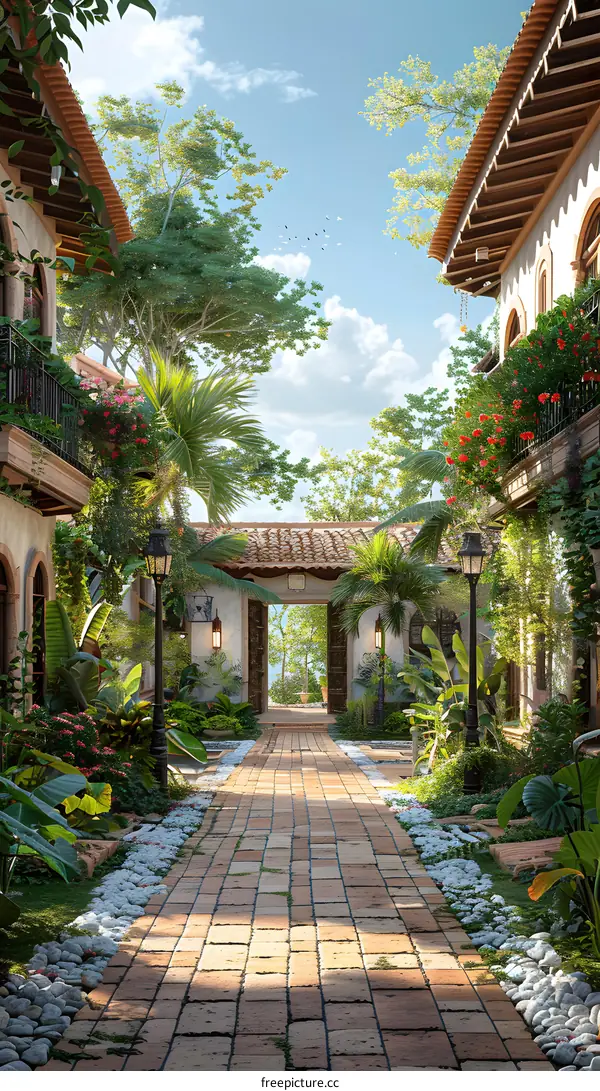Courtyard with tropical plants and flowers