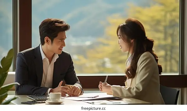 Business meeting of a young man and woman in suits