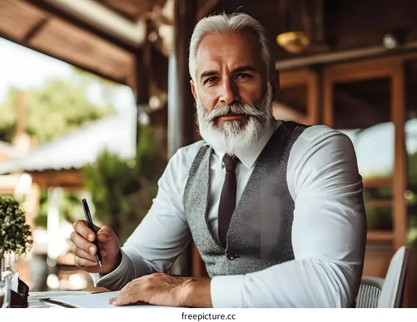 Portrait of a Senior Businessman Writing on a Notebook