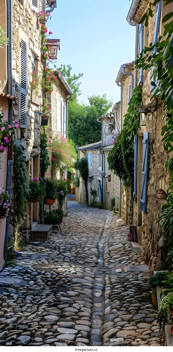 A narrow alley with stone buildings on both sides and a cobblestone street