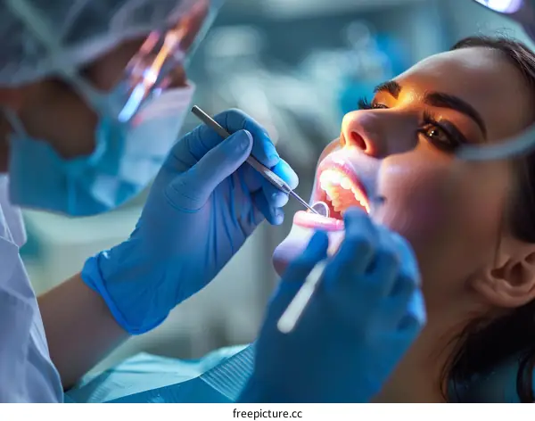 Dentist memeriksa gigi pasien menggunakan peralatan
