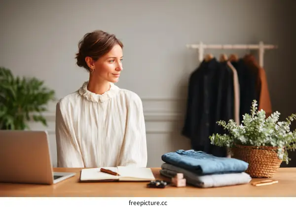 Young Woman Sitting at Desk with Laptop and Clothing