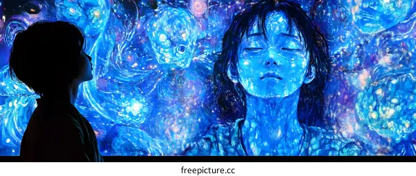 Silhouette of a Woman Looking at a Painting of a Woman with a Starry Sky Background