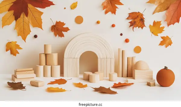 Autumnal Wooden Play Scene on a Beige Background