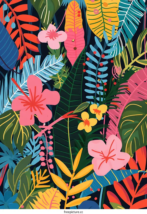 Colorful Tropical Leaves and Flowers Pattern
