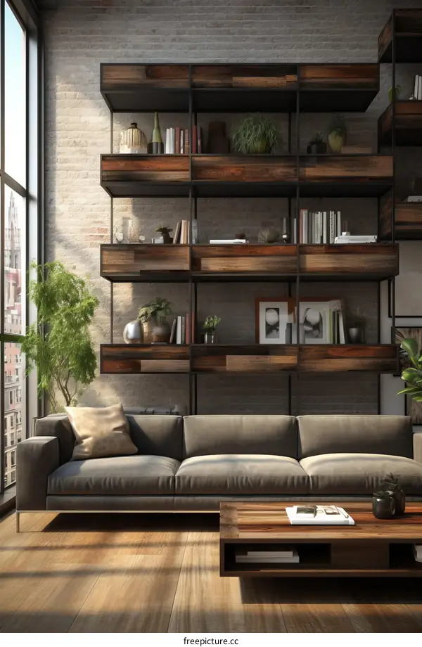 Industrial style living room with wood and metal shelving and a gray couch