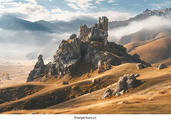 Mountain Landscape With Fog And Rock Formations