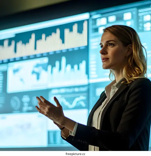Businesswoman Presenting Data on Large Screen