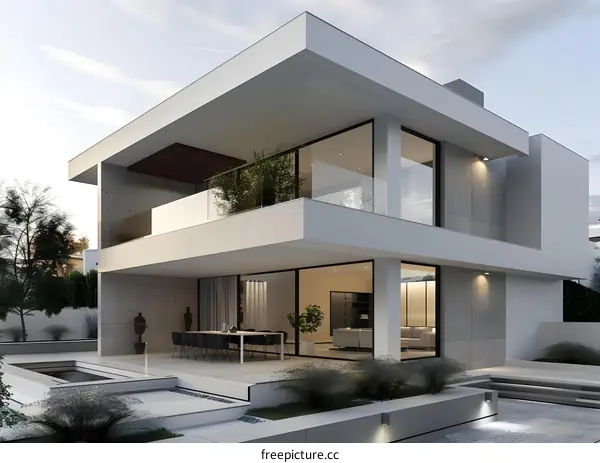 Modern House Exterior With Concrete Walls And Glass Windows