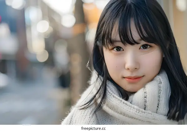 Portrait of a Young Asian Woman in a White Sweater