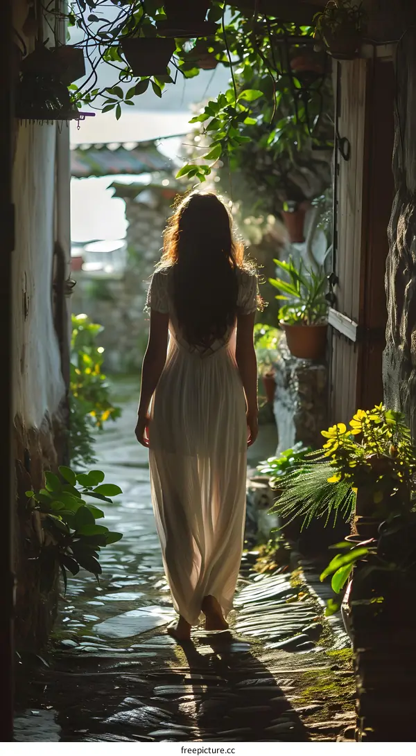 A barefoot woman in a white dress walks through a stone archway.