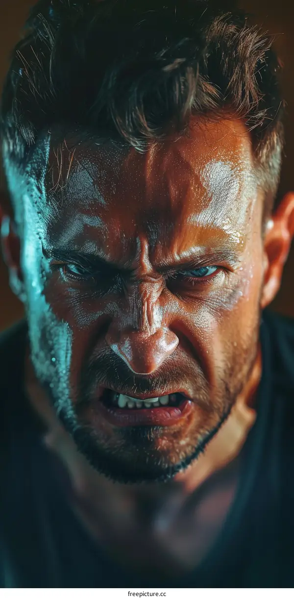 Close Up Angry Caucasian Man Face Portrait