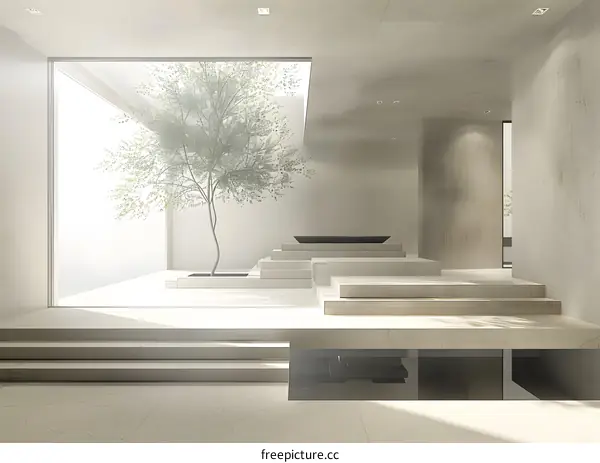 Minimalist Interior Design With Concrete Steps and Tree