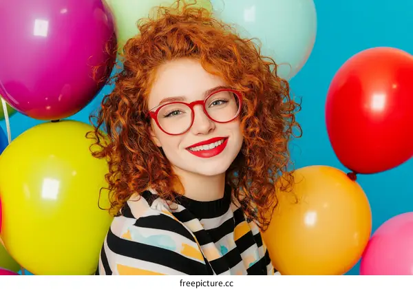 Smiling Redhead Woman with Colorful Balloons