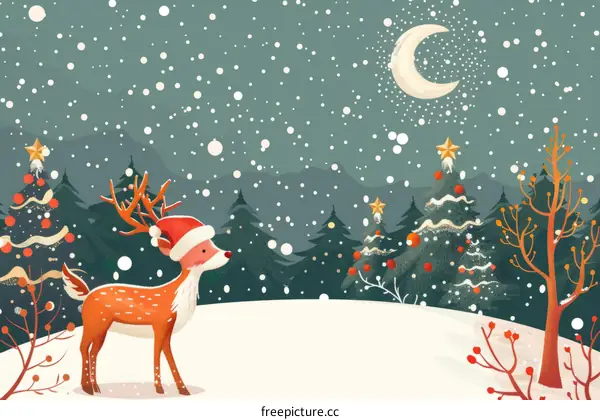 Cute Reindeer in Santa Hat in Snowy Forest