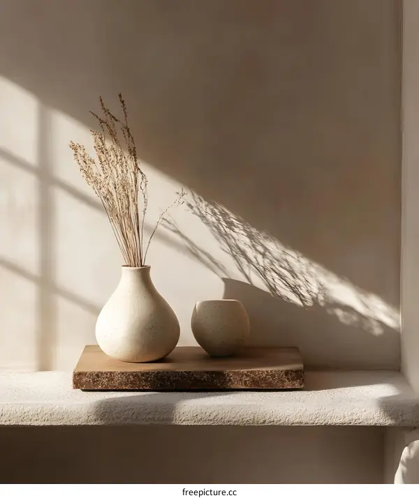 Minimalist Home Decor with Dried Flowers in a White Vase on a Wooden Tray