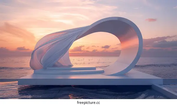 White modern minimal architecture structure on the sea at sunset
