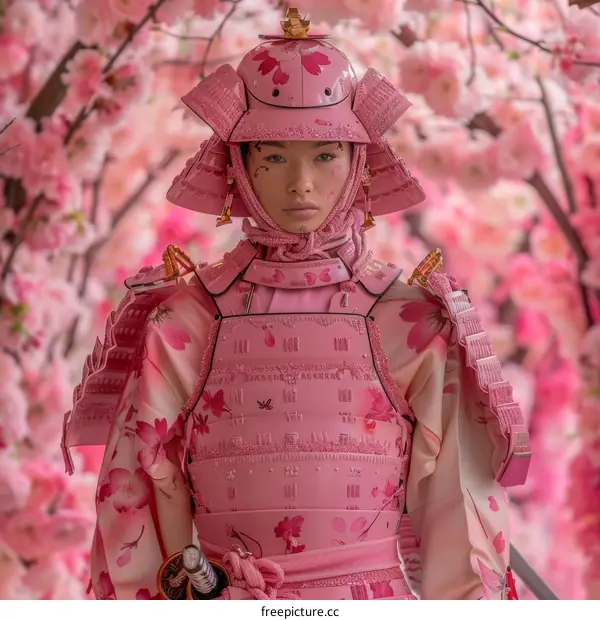 A Young Woman Warrior in Pink Samurai Armor with Cherry Blossoms