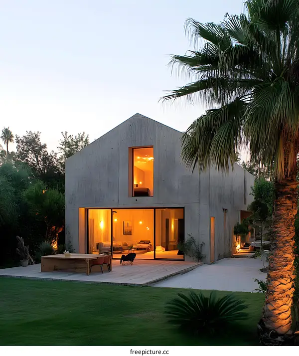 Modern Concrete House with Palm Trees and Patio