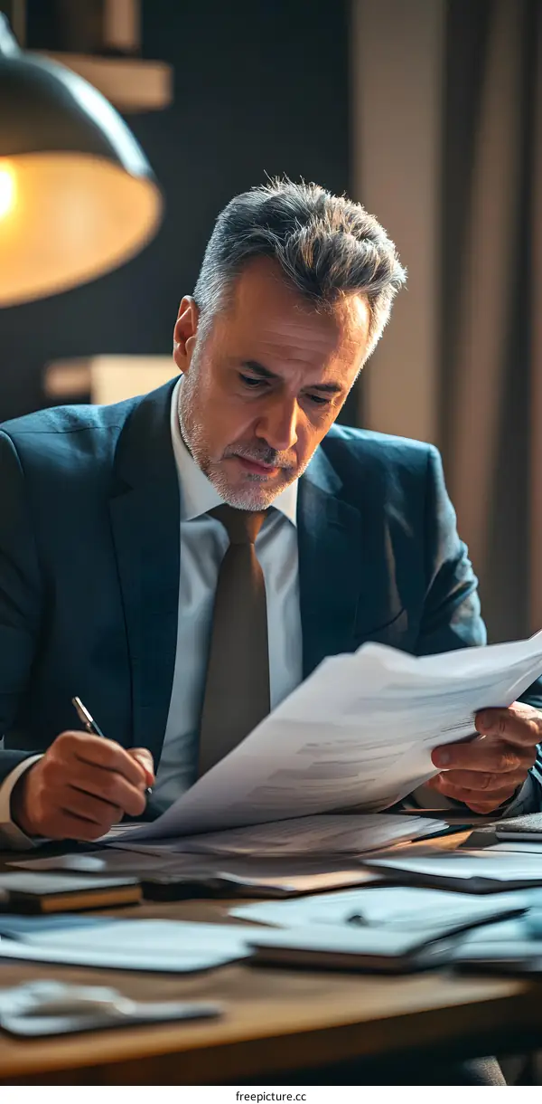 Businessman Reviewing Documents At His Desk In Office