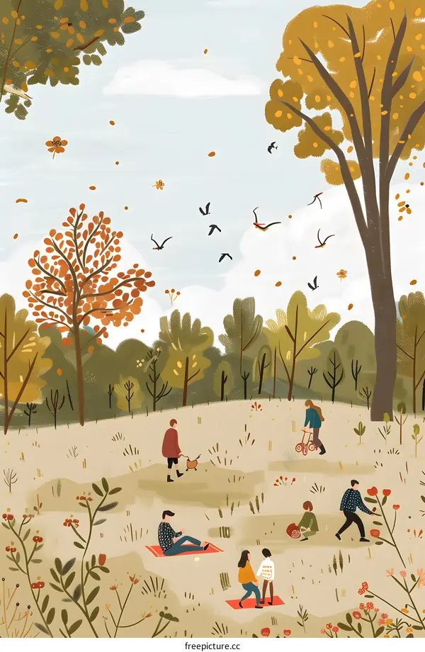 Autumn Day in the Park with People and Falling Leaves