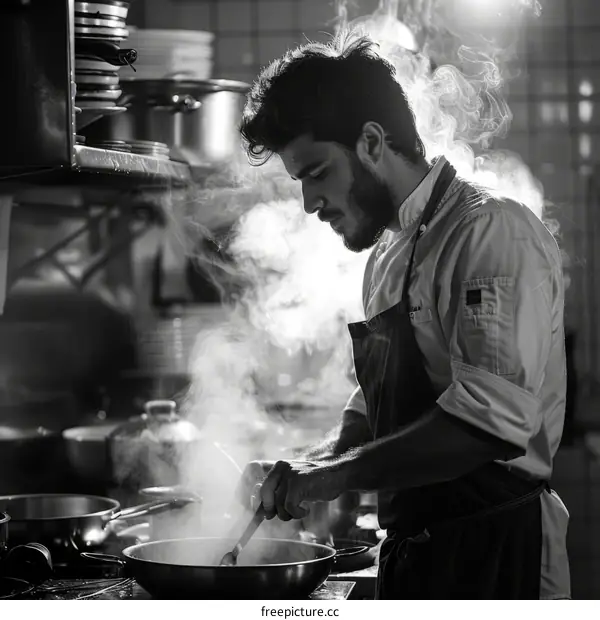 Black and white photo of a male chef cooking in a restaurant kitchen