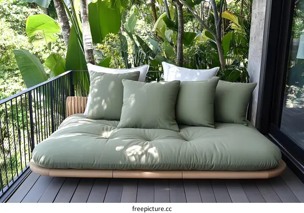 Green Cushioned Daybed on Wooden Deck with Tropical Plants