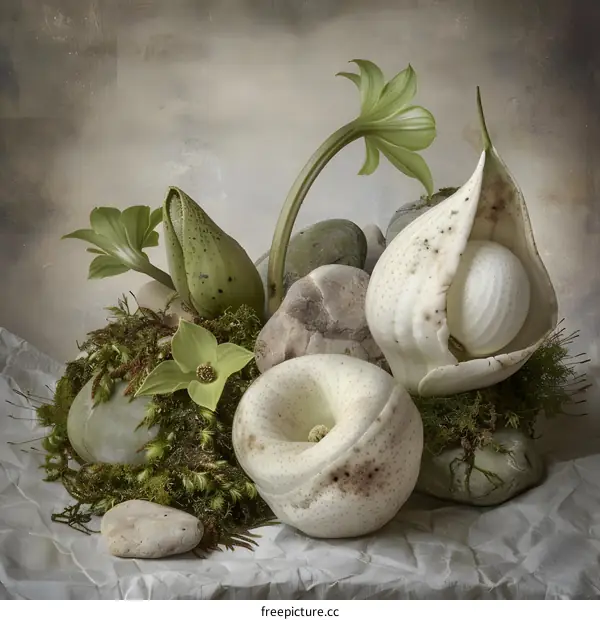 White Flowers with Green Leaves and Stones on a Wrinkled Background